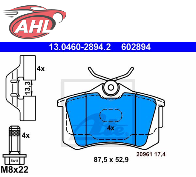ATE 13.0460-2894.2 Jeu de 4 plaquettes de frein pour FIAT SEAT SKODA VAG WV 